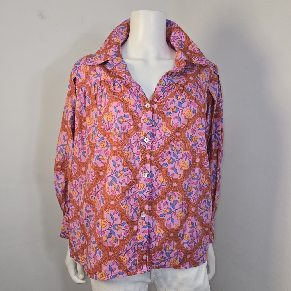 Avara Trudy Pink Floral Blouse Shirt Top Sz L Preppy Puff Sleeve Western Cotton